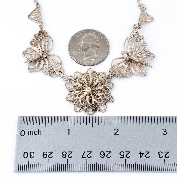 Vintage Sterling Silver 925 Filigree Floral Butterfly Necklace 15.75" - Picture 4 of 5